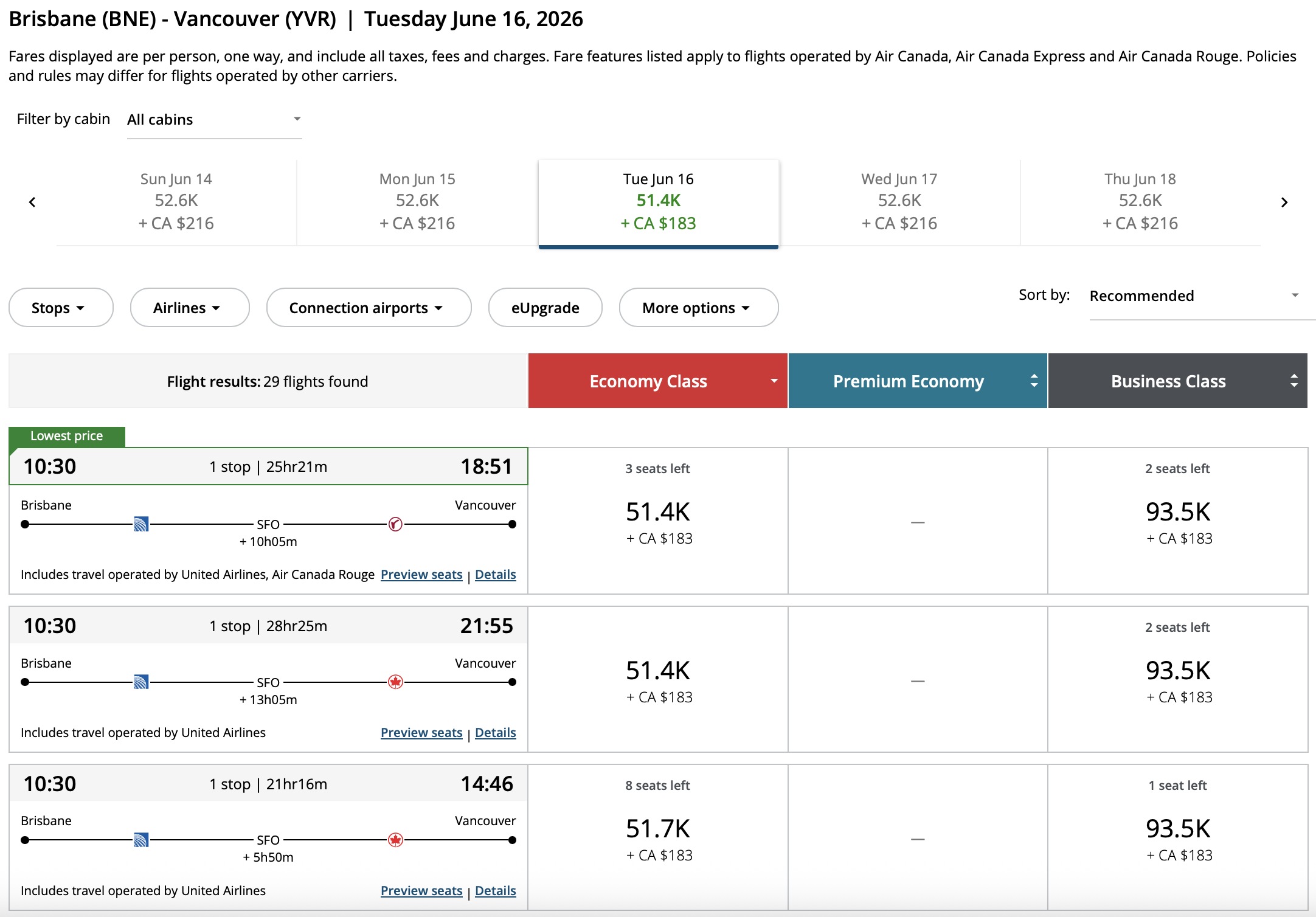 Vancouver to Brisbane Aeroplan – Inbound availability